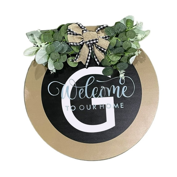 Front Door Wreath A-Z 26 Letters Round Sign with Bow Fake Flower Decoration Rural Style Last Name Letter Wood Hanging Sign Farmhouse Decor