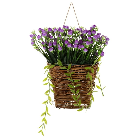 Purple Wall Hanging Basket with Silk Flowers and Rattan Wreath for Home Decor Indoor Use