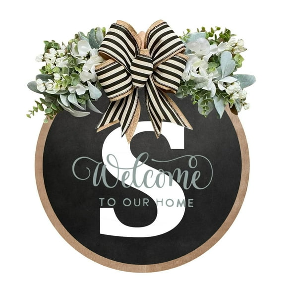 Front Door Wreath, Year Round Door Decor, Personalized Hanging Plaque for Wedding Ceremony, Home Blessings, Seasonal Garden Decoration, 30x30cm Decorative Sign with Ribbon