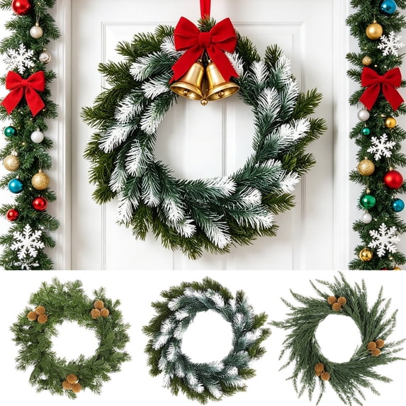 Front Door Wreaths,Evergreen Artificial Leaf Ring,Round Plastic Hanging Garland for Window Fireplace Indoor Outdoor Winter Holiday Scene Arrangement(Green)