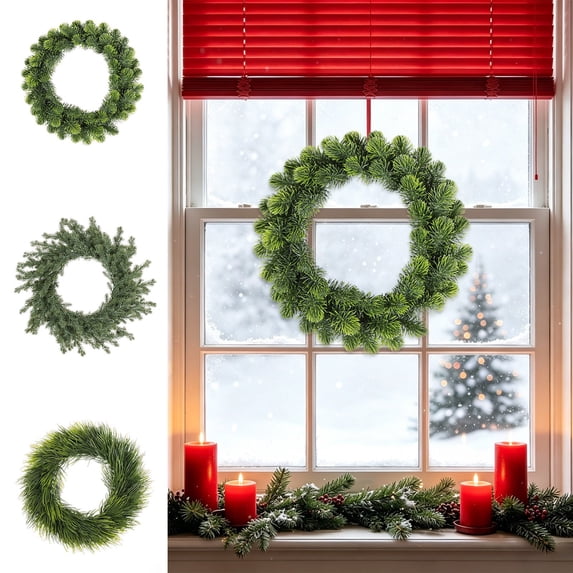 Front Door Wreaths,Evergreen Artificial Leaf Ring,Round Plastic Hanging Garland for Window Fireplace Indoor Outdoor Winter Holiday Scene Arrangement(Green)
