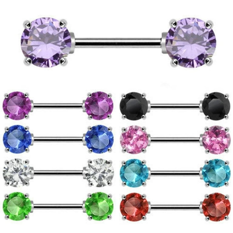 316L Surgical Steel Prong Double Round Purple CZ Nipple Ring Barbell 316L Surgical Steel Prong Double Round Purple CZ Nipple Ring Barbell