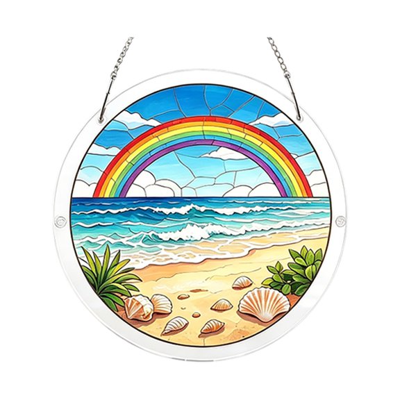 Front Entry Round Acrylic Light Catching Plaque, Mosaic Seaside Rainbow Sand Shell Green Plant Stained Glass Hanging Ornament For Entry Porch Layout