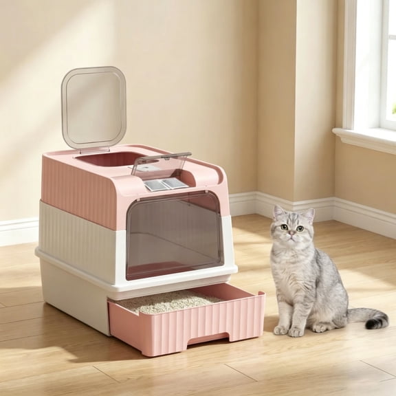 Front Entry Top Exit Enclosed Cat Litter Box with Grooved Lid, Slide Out Tray and Litter Scoop, Dual Deodorizer Slots Semi Transparent Door, Indoor Cat Toilet for Cats Up to 9 lbs