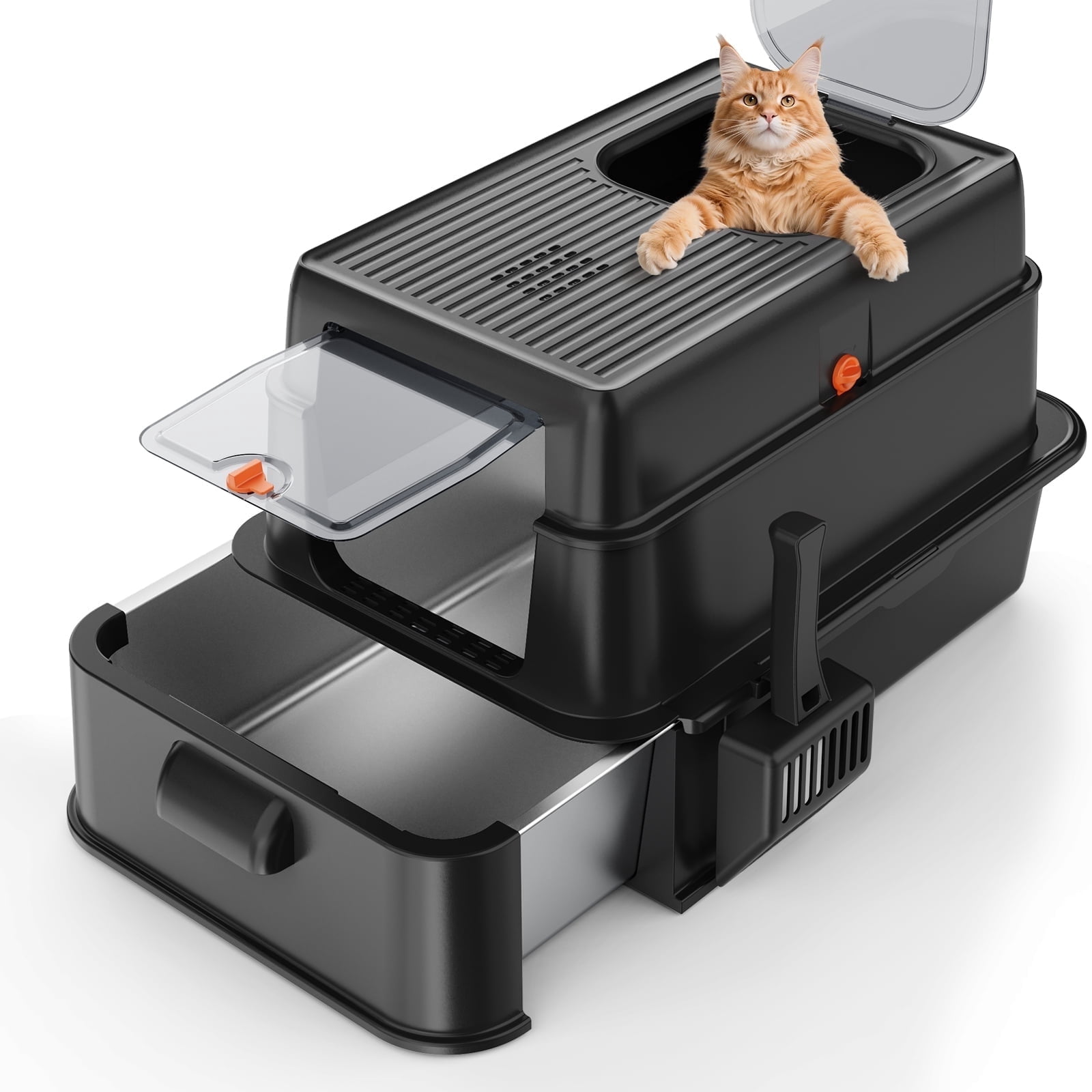 Stainless Steel Cat Litter Box with Lid, Foldable Enclosed Litter Box, Extra Large Metal Litter Box with Scoop and Mat, 24"*16.1"*16.1", Black