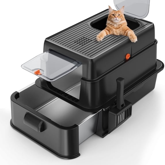 Stainless Steel Cat Litter Box with Lid, Foldable Enclosed Litter Box, Extra Large Metal Litter Box with Scoop and Mat, 24"*16.1"*16.1", Black