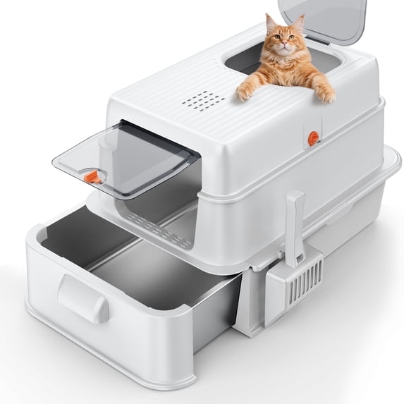 Stainless Steel Cat Litter Box with Lid, Foldable Enclosed Litter Box, Extra Large Metal Litter Box with Scoop and Mat, 24"*16.1"*16.1", Silver Gray