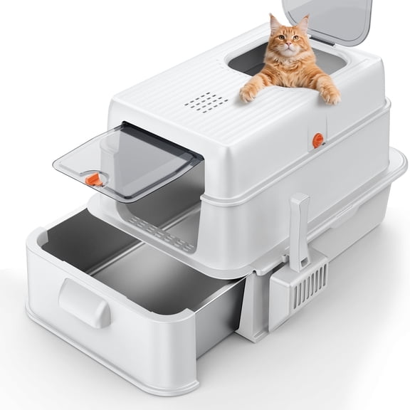 Stainless Steel Cat Litter Box with Lid, Foldable Enclosed Litter Box, Extra Large Metal Litter Box with Scoop and Mat, 24"*16.1"*16.1", Silver Gray