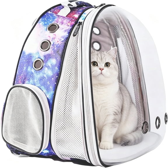 Front Expandable Cat Backpack Carrier, Fit up to 20 lbs, Space Capsule Astronaut Bubble Window Backpack for Large Fat Cat and Small Puppy, Galaxy Blue Print