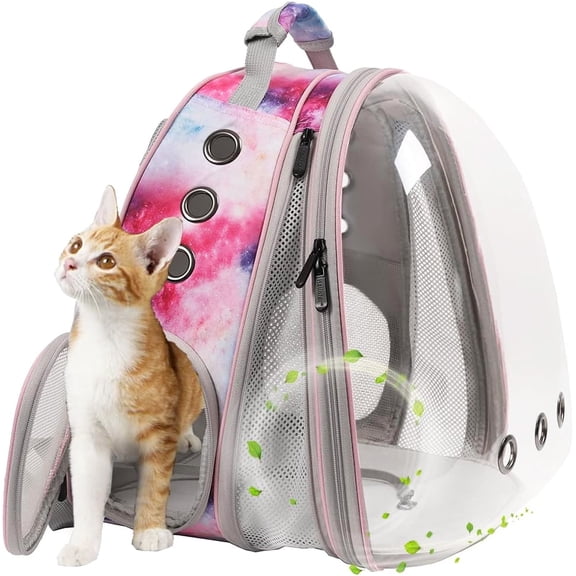 Front Expandable Cat Backpack Carrier, Fit up to 20 lbs, Space Capsule Astronaut Bubble Window Backpack for Large Fat Cat and Small Puppy, Galaxy Pink Print
