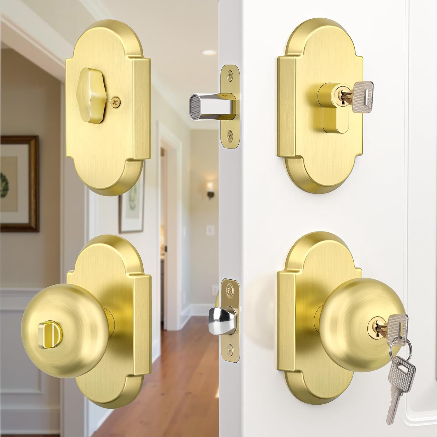 Front/Exterior Door Lock Set, Keyed Alike Brushed Gold Door Lock Set with Deadbolt for Front Door, Zinc Alloy Door Knob with Deadbolt