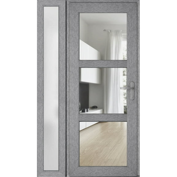 Front Exterior Prehung FiberGlass Door Clear Glass See-through / Manux 8555 Grey Ash Clear Glass / Side Exterior Window / -W36+12" x H80"-Right-hand Inswing