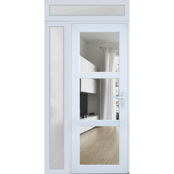 Front Exterior Prehung FiberGlass Door Clear Glass See-through / Manux 8555 White Silk Clear Glass / Side and Top Exterior Window / -W36+16" x H80+14"-Right-hand Inswing
