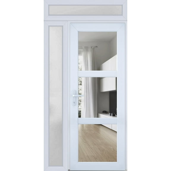 Front Exterior Prehung FiberGlass Door Clear Glass See-through / Manux 8555 White Silk Clear Glass / -W36" x H80"-Left-hand Inswing