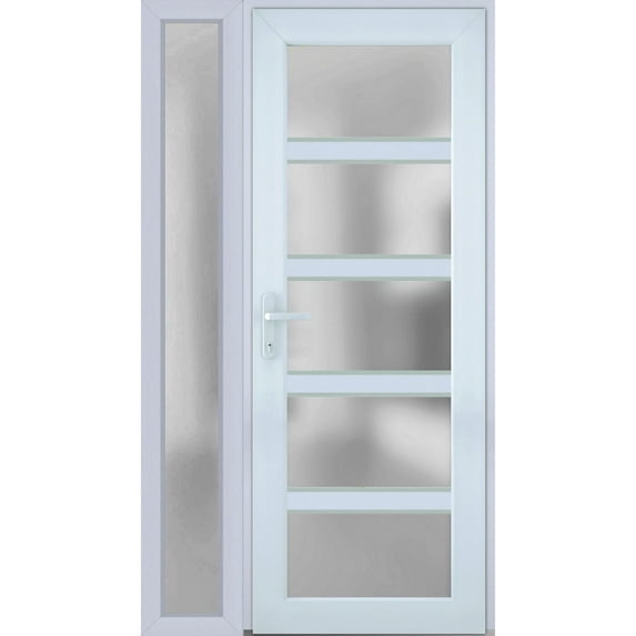 Front Exterior Prehung FiberGlass Door Frosted Glass / Manux 8002 White Silk / Side Exterior Window / -W36+14" x H80"-Right-hand Inswing
