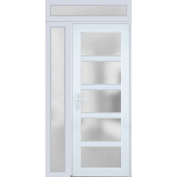Front Exterior Prehung FiberGlass Door Frosted Glass / Manux 8002 White Silk / Side and Top Exterior Window / -W30+12" x H80+14"-Right-hand Inswing