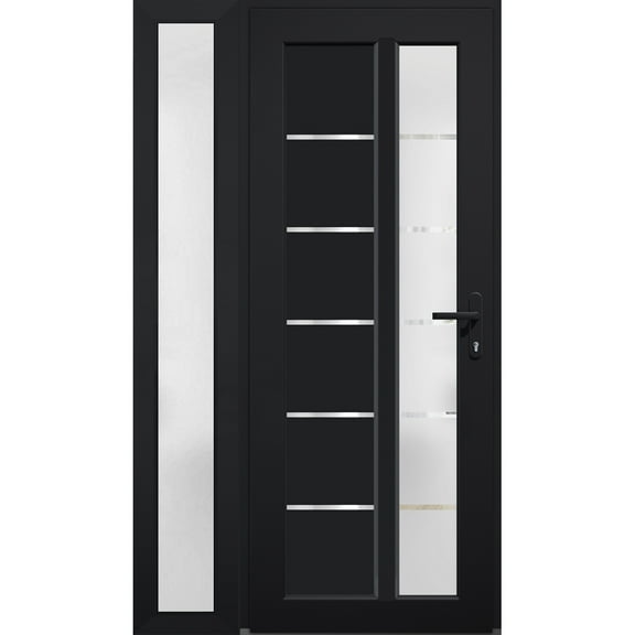 Front Exterior Prehung FiberGlass Door Frosted Glass / Manux 8088 Matte Black / Side Exterior Window / -W30+12" x H80"-Left-hand Inswing