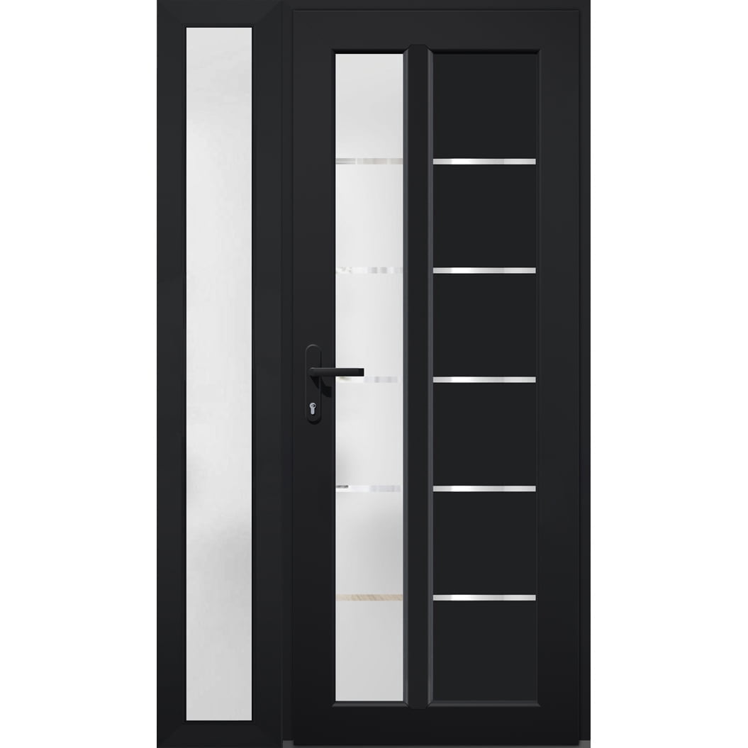 Front Exterior Prehung FiberGlass Door Frosted Glass / Manux 8088 Matte Black / Side Exterior Window / -W30+12" x H80"-Right-hand Inswing