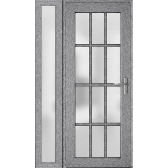 Front Exterior Prehung FiberGlass Door Frosted Glass / Manux 8312 Grey Ash / Side Exterior Window / -W36+12" x H80"-Left-hand Inswing