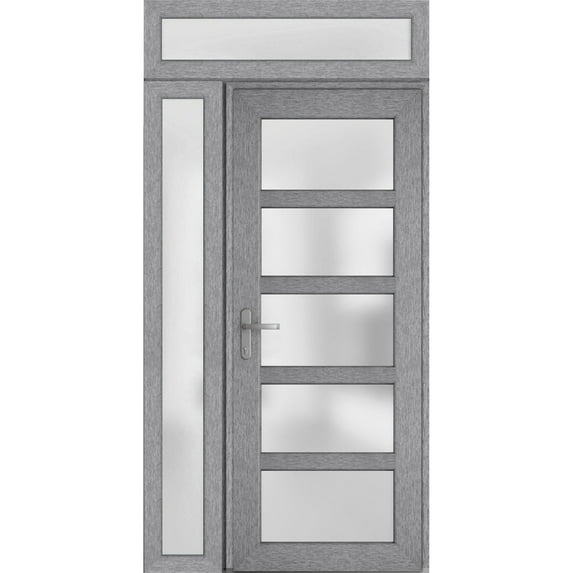 Front Exterior Prehung FiberGlass Door Frosted Glass / Manux 8312 Grey Ash / Side and Top Exterior Window / -W36+16" x H80+14"-Right-hand Inswing