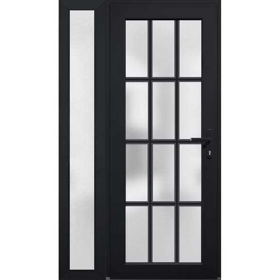 Front Exterior Prehung FiberGlass Door Frosted Glass / Manux 8312 Matte Black / Side Exterior Window / -W30+12" x H80"-Left-hand Inswing
