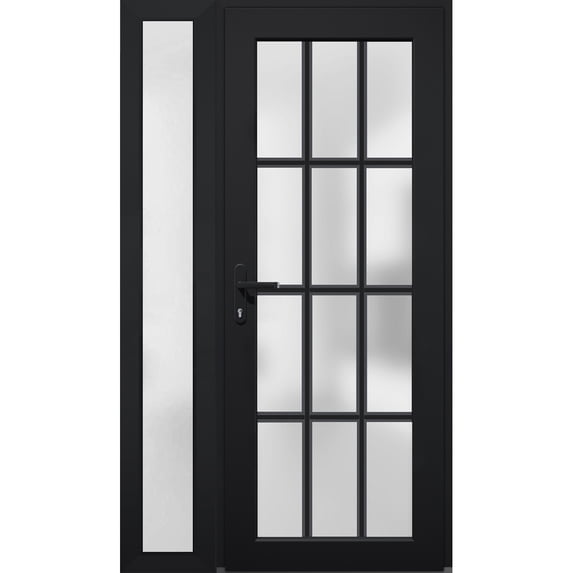 Front Exterior Prehung FiberGlass Door Frosted Glass / Manux 8312 Matte Black / Side Exterior Window / -W36+12" x H80"-Right-hand Inswing