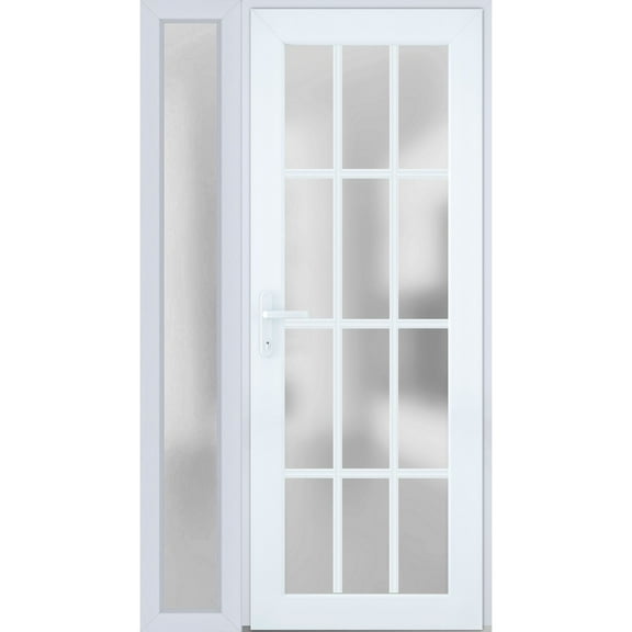 Front Exterior Prehung FiberGlass Door Frosted Glass / Manux 8312 White Silk / Side Exterior Window / -W30+14" x H80"-Right-hand Inswing