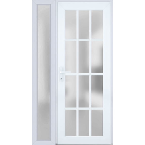 Front Exterior Prehung FiberGlass Door Frosted Glass / Manux 8312 White Silk / Side Exterior Window / -W36+12" x H80"-Right-hand Inswing