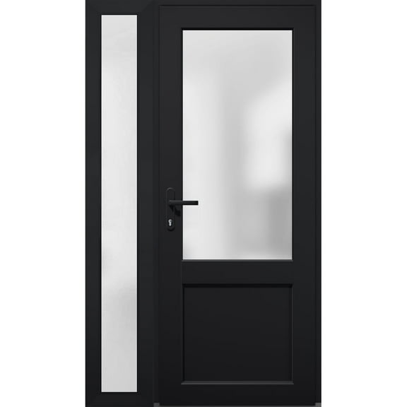 Front Exterior Prehung FiberGlass Door Frosted Glass / Manux 8422 Matte Black / Side Exterior Window / -W36+16" x H80"-Right-hand Inswing