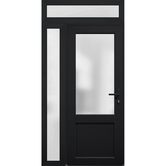 Front Exterior Prehung FiberGlass Door Frosted Glass / Manux 8422 Matte Black / Side and Top Exterior Window / -W36+12" x H80+14"-Left-hand Inswing
