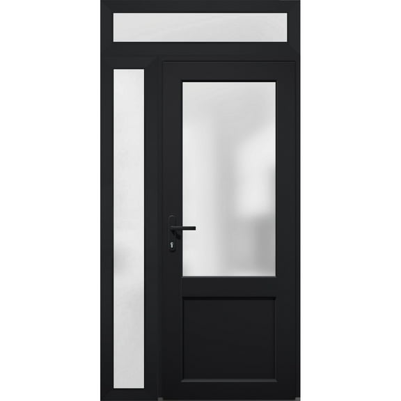 Front Exterior Prehung FiberGlass Door Frosted Glass / Manux 8422 Matte Black / Side and Top Exterior Window / -W36+14" x H80+14"-Right-hand Inswing