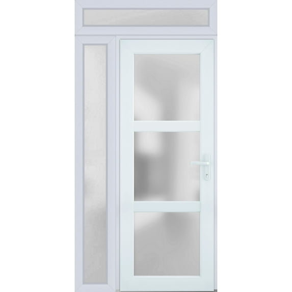 Front Exterior Prehung FiberGlass Door Frosted Glass / Manux 8552 White Silk / Side and Top Exterior Window / -W36+12" x H80+14"-Right-hand Inswing
