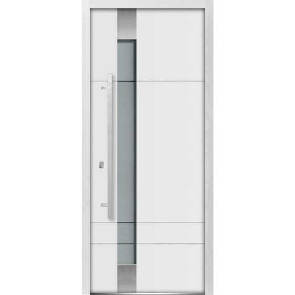 Front Exterior Prehung Frosted Glass Steel Door 36 x 80 inches Right-Hand / Deux 1713 White Enamel / Stainless Inserts Single Modern Painted