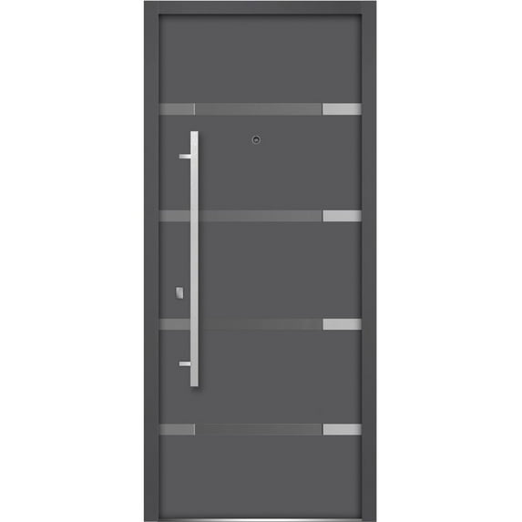 Front Exterior Prehung Glass Steel Door 36 x 80 inches Right-Hand / Deux 1105 Gray Graphite / Lite and Stainless Inserts Single Modern Painted White