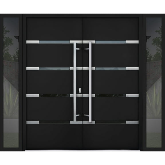 Front Exterior Prehung Metal Double Doors / Deux 1105 Black Enamel Mirrored Glass / 2 Sidelites Exterior Windows / Entry Modern Painted Right Inswing Active Door 104" x 80"