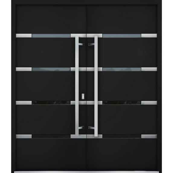 Front Exterior Prehung Metal Double Doors / Deux 1105 Black Enamel Mirrored Glass / Entry Modern Painted Right Inswing Active Door 72" x 80"