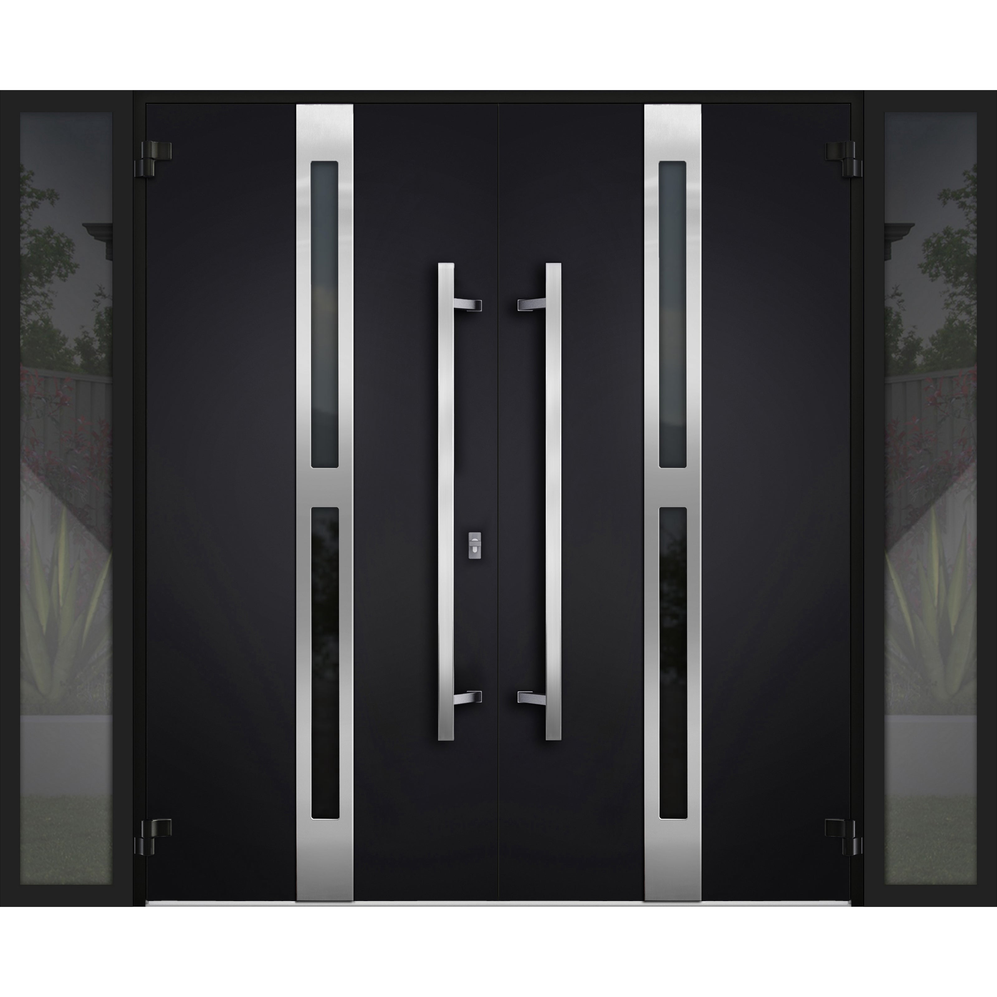 Front Exterior Prehung Metal Double Doors / Deux 1755 Black Enamel Tinted Black Glass / 2 Sidelites Exterior Windows / Entry Modern Painted Left Inswing Active Door 100" x 80"