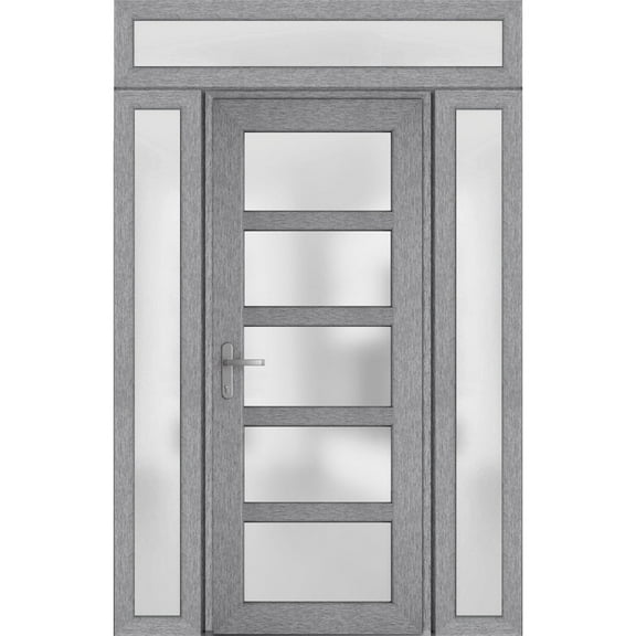 Front Exterior Prehung Metal-Plastic Door Frosted Glass / Manux 8002 Grey Ash / 2 Side and Top Window / Office Commercial and Residential Doors Entrance Patio Garage 68" x 96" Right-hand Inswing
