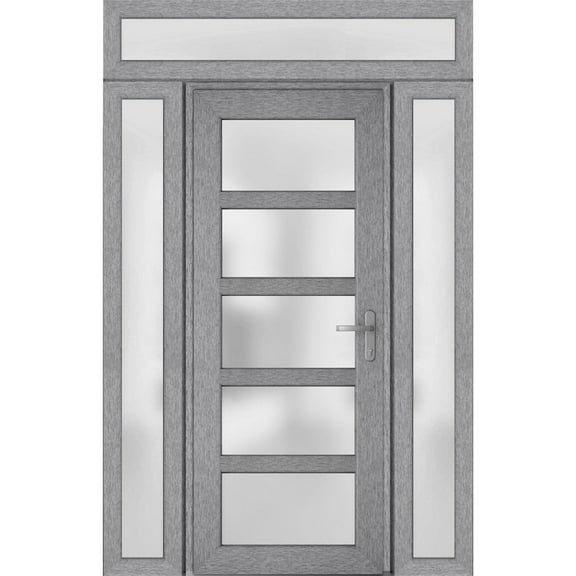 Front Exterior Prehung Metal-Plastic Door Frosted Glass / Manux 8002 Grey Ash / 2 Side and Top Window / Office Commercial and Residential Doors Entrance Patio Garage 60" x 94" Left-hand Inswing