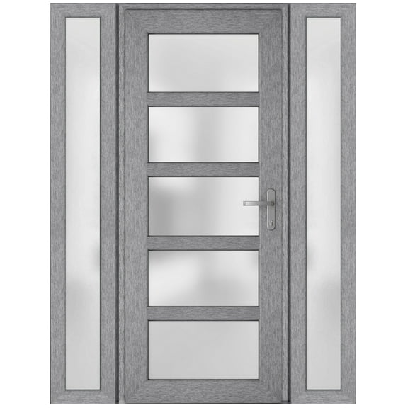 Front Exterior Prehung Metal-Plastic Door Frosted Glass / Manux 8002 Grey Ash / 2 Side Windows / Office Commercial and Residential Doors Entrance Patio Garage 68" x 80" Left-hand Inswing