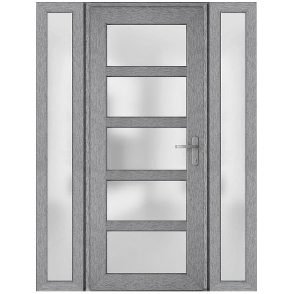 Front Exterior Prehung Metal-Plastic Door Frosted Glass / Manux 8002 Grey Ash / 2 Side Windows / Office Commercial and Residential Doors Entrance Patio Garage 68" x 80" Left-hand Inswing