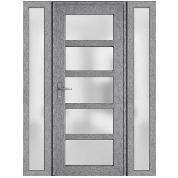 Front Exterior Prehung Metal-Plastic Door Frosted Glass / Manux 8002 Grey Ash / 2 Side Windows / Office Commercial and Residential Doors Entrance Patio Garage 68" x 80" Right-hand Inswing