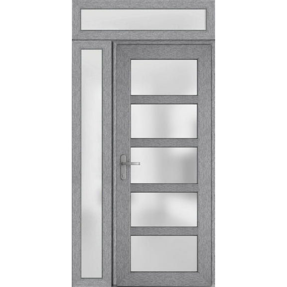 Front Exterior Prehung Metal-Plastic Door Frosted Glass / Manux 8002 Grey Ash / Side and Top Window / Office Commercial and Residential Doors Entrance Patio Garage 52" x 96" Right-hand Inswing