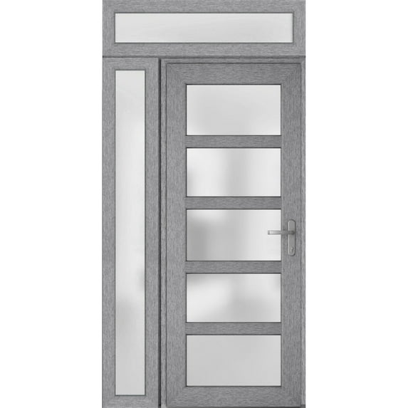 Front Exterior Prehung Metal-Plastic Door Frosted Glass / Manux 8002 Grey Ash / Side and Top Window / Office Commercial and Residential Doors Entrance Patio Garage 48" x 94" Left-hand Inswing