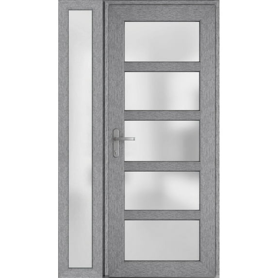 Front Exterior Prehung Metal-Plastic Door Frosted Glass / Manux 8002 Grey Ash / Side Window / Office Commercial and Residential Doors Entrance Patio Garage 48" x 80" Right-hand Inswing