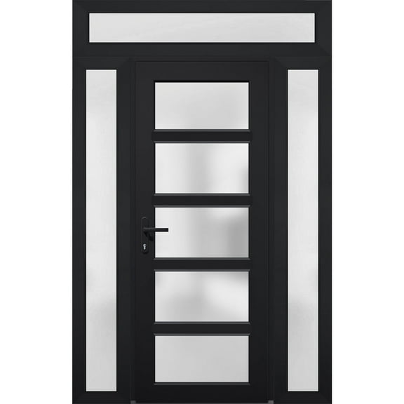 Front Exterior Prehung Metal-Plastic Door Frosted Glass / Manux 8002 Matte Black / 2 Side and Top Window / Office Commercial and Residential Doors Entrance Patio Garage 60" x 96" Right-hand Inswing