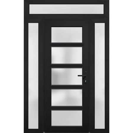 Front Exterior Prehung Metal-Plastic Door Frosted Glass / Manux 8002 Matte Black / 2 Side and Top Window / Office Commercial and Residential Doors Entrance Patio Garage 60" x 96" Left-hand Inswing
