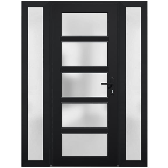 Front Exterior Prehung Metal-Plastic Door Frosted Glass / Manux 8002 Matte Black / 2 Side Windows / Office Commercial and Residential Doors Entrance Patio Garage 68" x 80" Left-hand Inswing