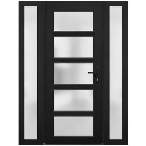 Front Exterior Prehung Metal-Plastic Door Frosted Glass / Manux 8002 Matte Black / 2 Side Windows / Office Commercial and Residential Doors Entrance Patio Garage 64" x 80" Left-hand Inswing