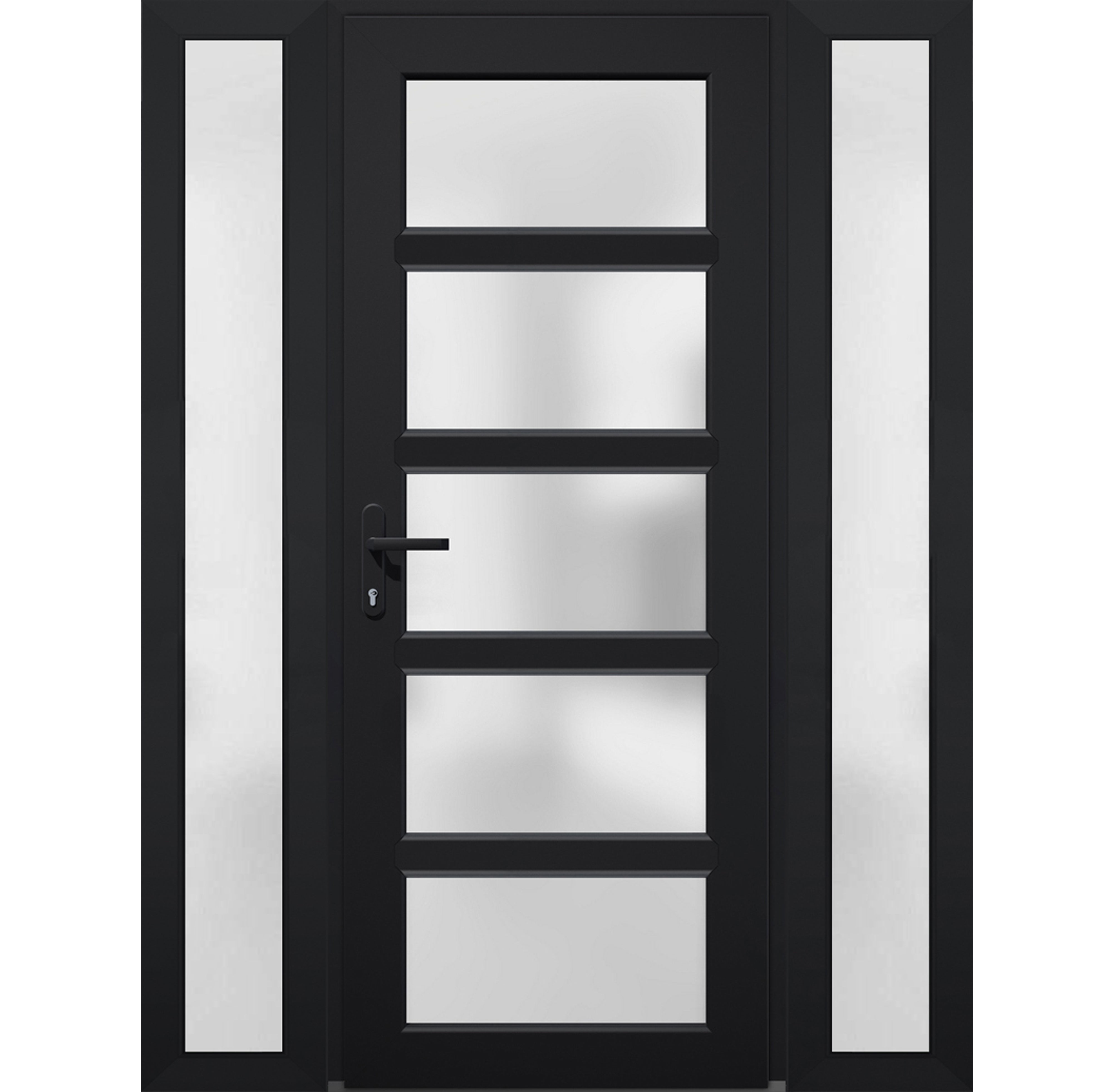 Front Exterior Prehung Metal-Plastic Door Frosted Glass / Manux 8002 Matte Black / 2 Side Windows / Office Commercial and Residential Doors Entrance Patio Garage 64" x 80" Right-hand Inswing
